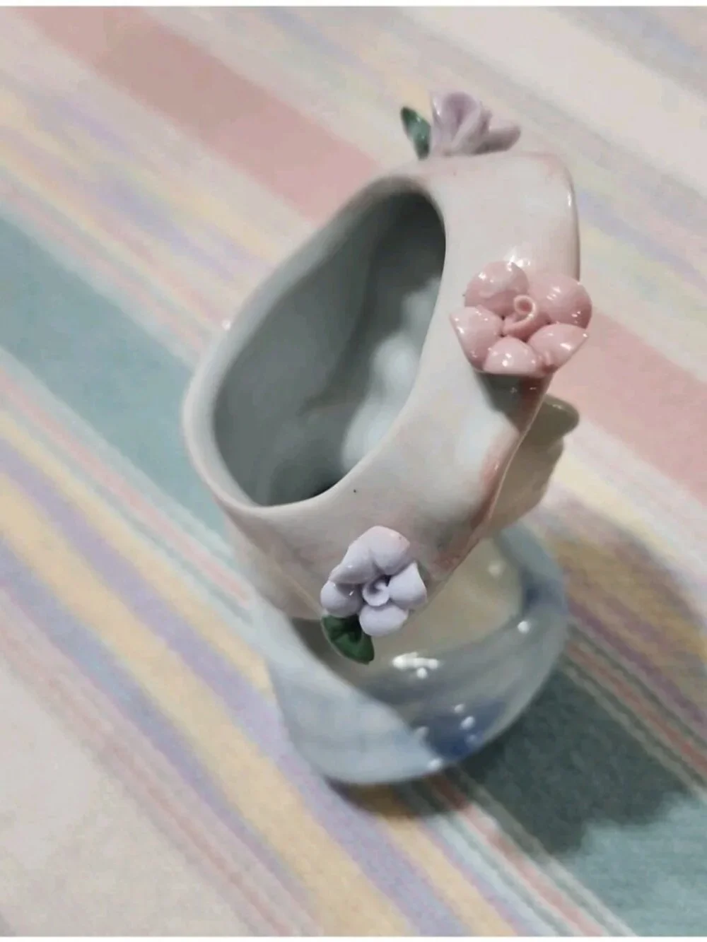 Vintage Porcelain Lady Head Vase Pink Hat Blue Dress Flowers 5” Tall